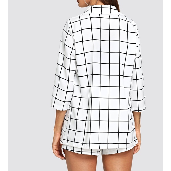 White Black Plaid Blazer and Bow Shorts Coord Set - Picture 2 of 5